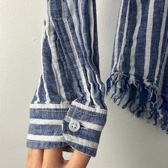 Beach Lunch Lounge Fringe Striped Linen Blend Long Sleeve Top Womens Size S - Picture 5 of 8